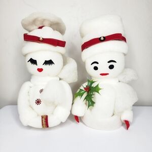 Pair of Vintage Spun Cotton Homemade Christmas Snowman Tube Dolls